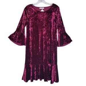 Love In Burgundy Crushed Velvet 3/4 Sleeve Ruffle Hem Dress Small Whimsigoth